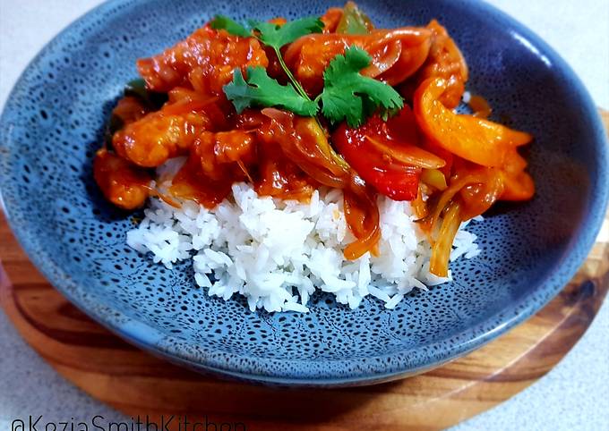 Sweet and sour chicken with rice