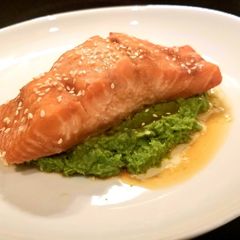 A picture of Asian Inspired Salmon With Ginger Mint Pea Puree.