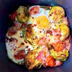 Baked egg bacon brussel breakfast A picture of Baked egg bacon brussel breakfast.