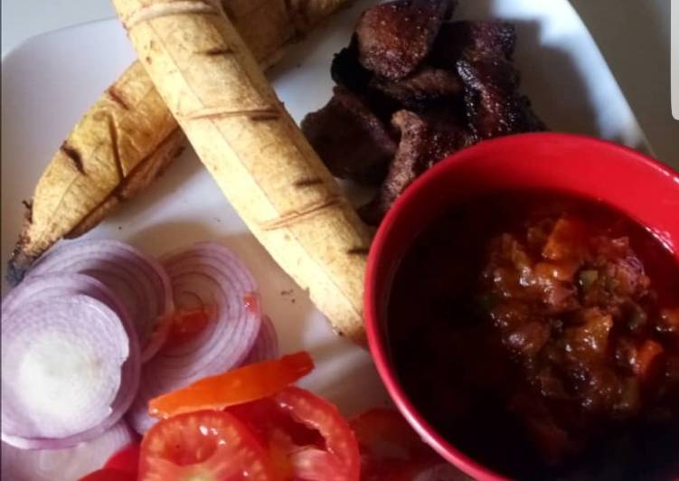 Quick and Easy Homemade baked plantain suya and sauce