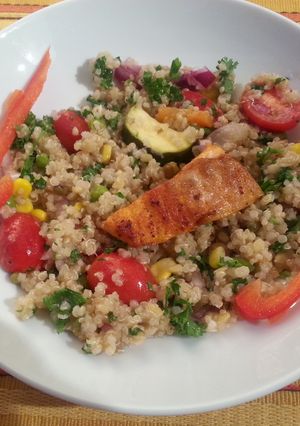 A picture of Quinoa and Salmon.