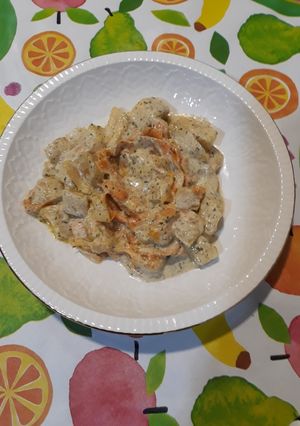 Una foto de Calabacín y zanahoria con pesto de ajo y perejil con n. pecanas