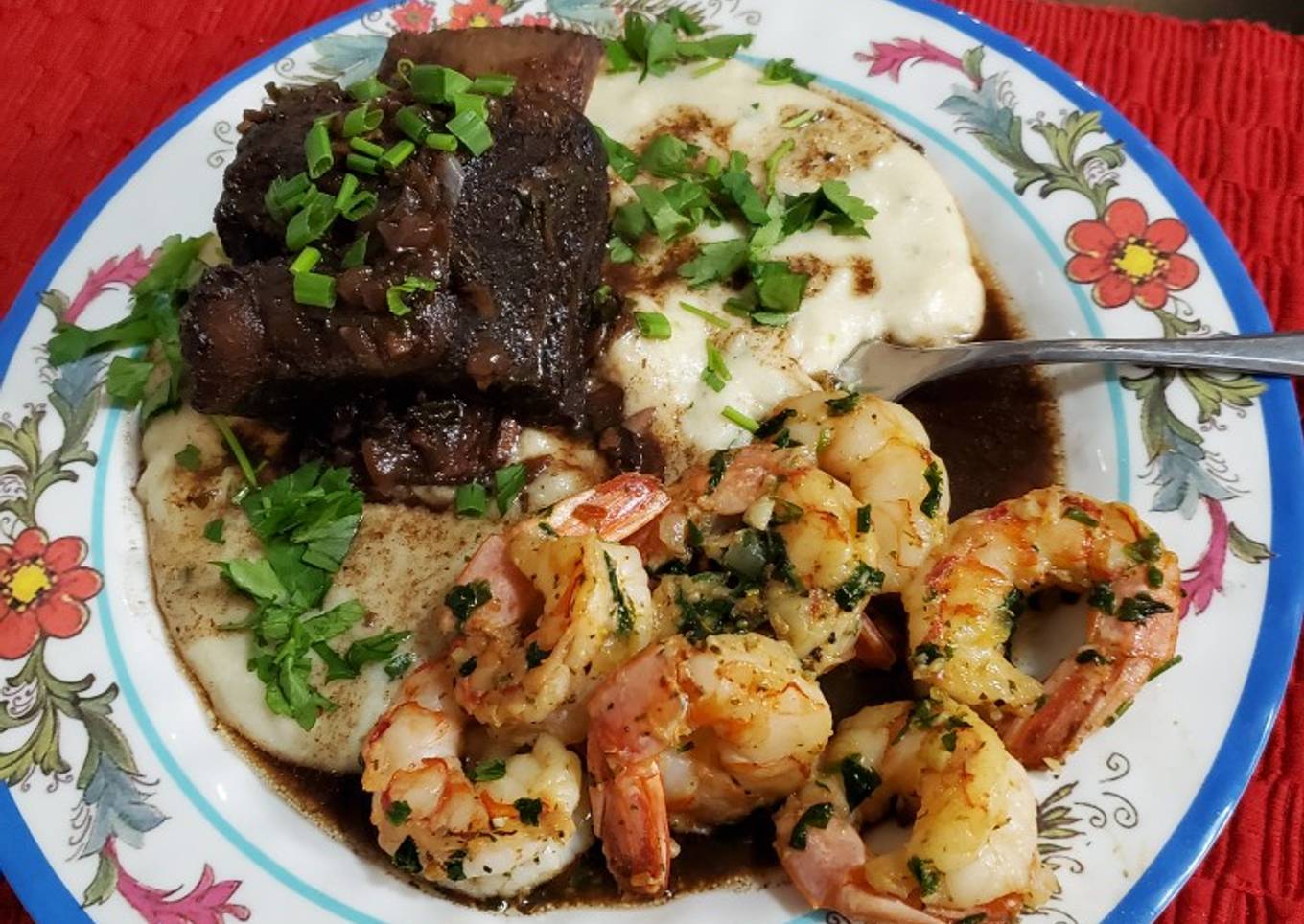 Brad's Braised Short Ribs w/ Creamy White Polenta & Shrimp Scampi