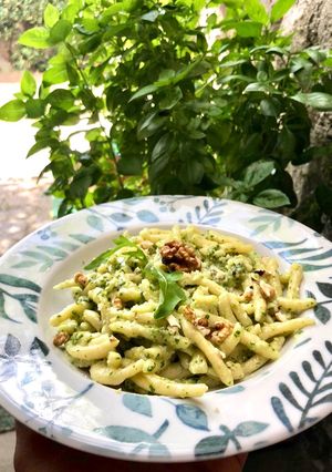 A picture of Trofie with Arugula and Walnut Pesto.