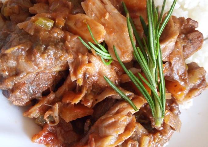 Beef and mushroom stroganoff served with white rice