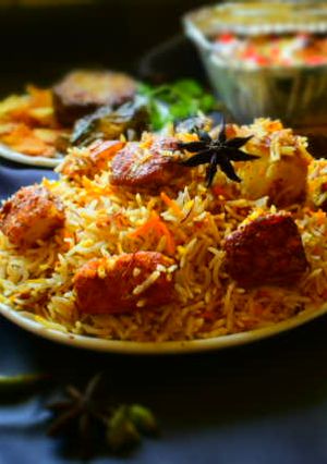 A picture of Paneer Biryani Without Garlic Onion.