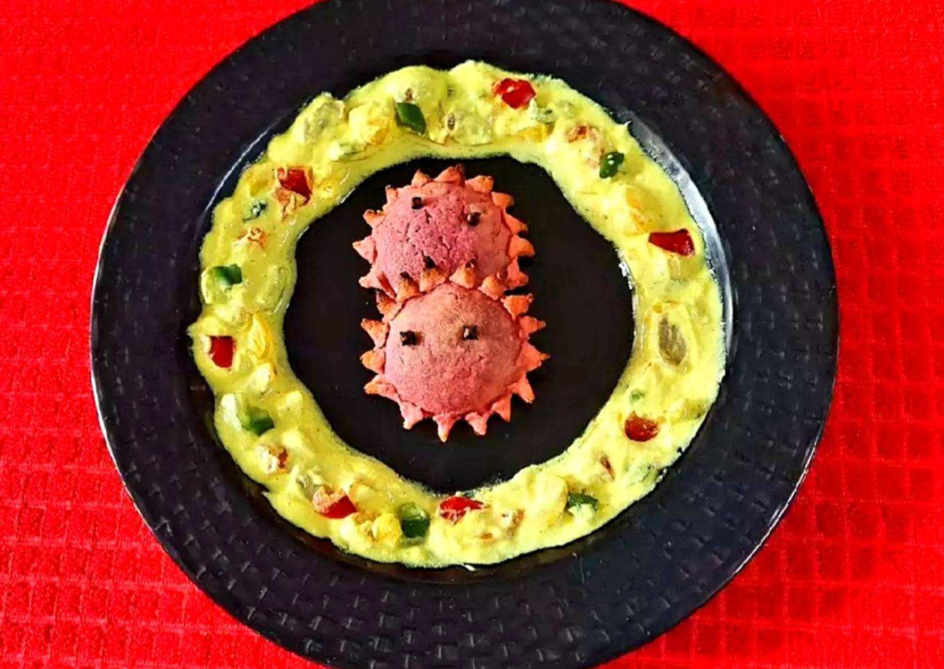 Baked Chandrakala with Yellow Dip