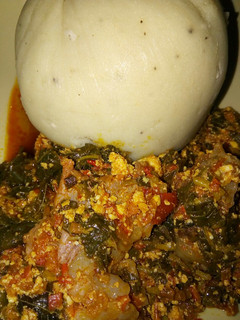 A picture of Pounded yam and egusi soup.