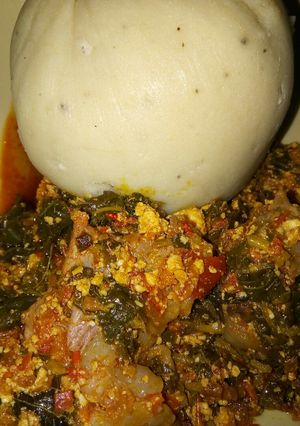 A picture of Pounded yam and egusi soup.