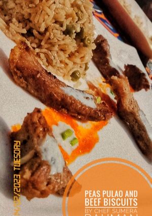 A picture of Peas pulao and beef biscuits.