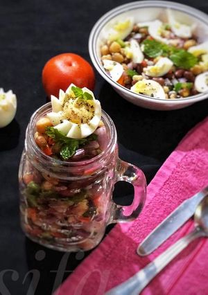 A picture of Four Bean Salad With Egg Topping.