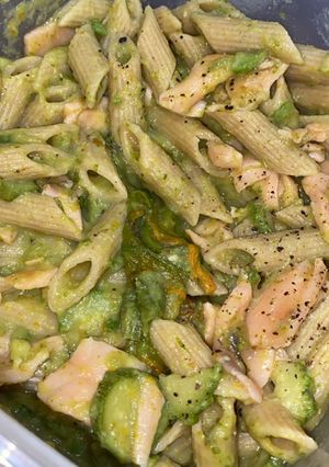 A picture of Whole Wheat Pasta with Zucchini, Squash Blossoms, and Salmon.