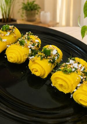 A picture of Golden Silk Khandvi.