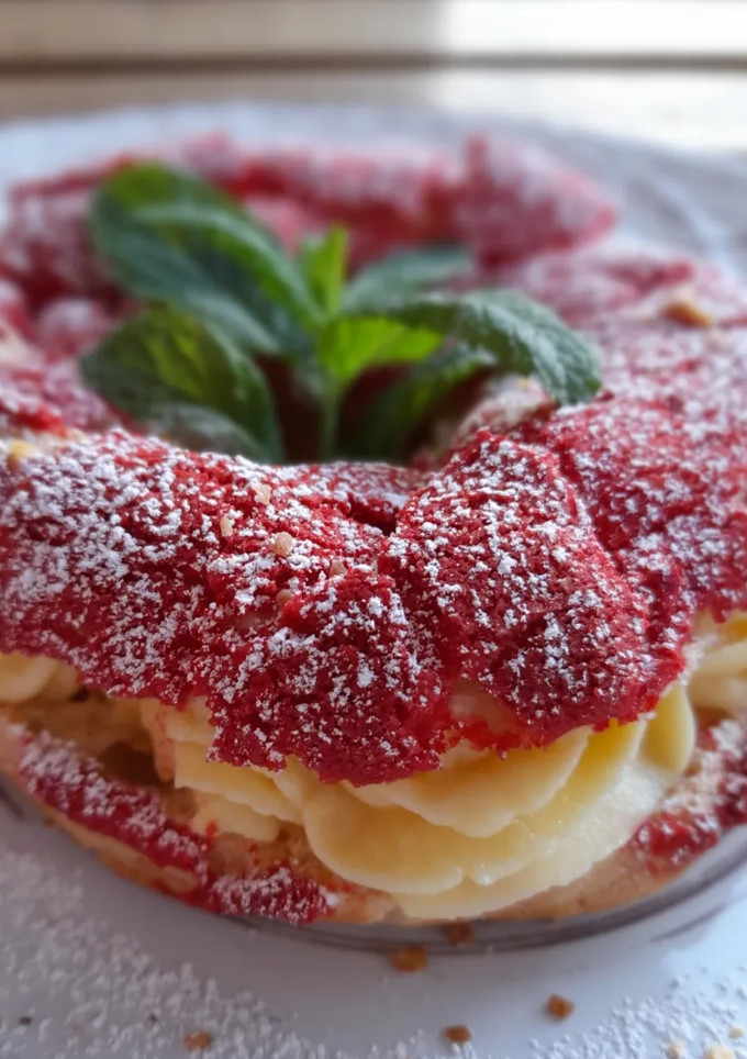 Una foto de París-Brest de crema con craquelin rojo