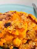 Pastel de carne y lentejas con puré de boniato y patata