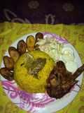 Fried rice,pep chicken,dodo and coleslaw