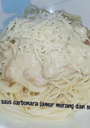 Foto resep Spagetti saus carbonara jamur merang & sosis