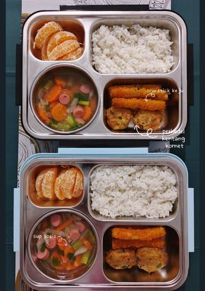 Foto resep Bekal Sup Sosis, Stick Keju, dan Perkedel Kentang Kornet