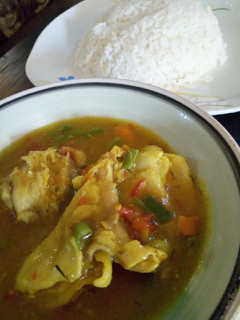 A picture of Turkey curry sauce and white rice.