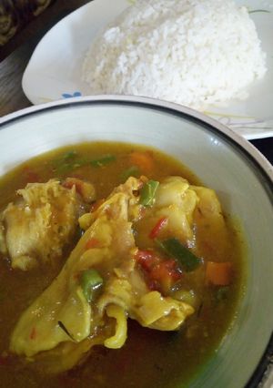 A picture of Turkey curry sauce and white rice.