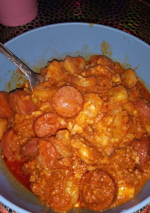 A picture of Spicy chorizo shrimp grits.