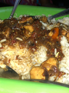 A picture of White rice with chicken breast stew.
