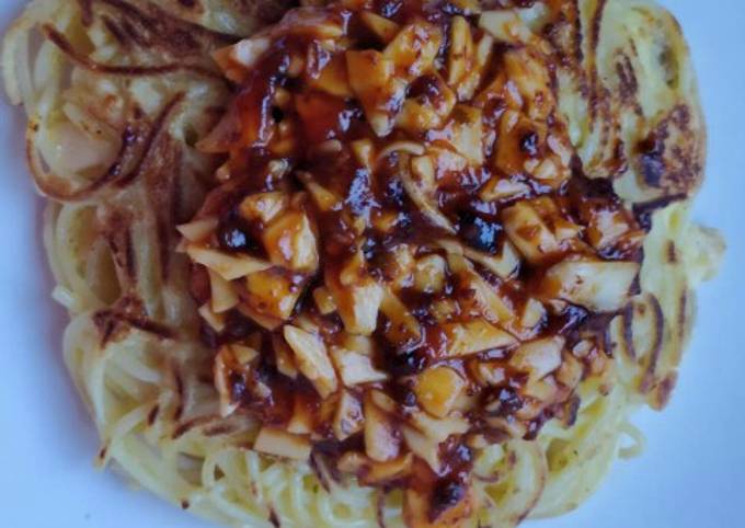 Anti Ribet, Memasak 30. Spaghetti omelete saos keju bolognese Kekinian
