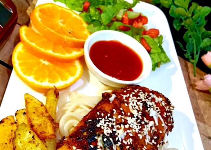 Bbq chicken steak with spaghetti and wedges