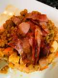 Torres de lentejas al aroma de hierbas con crujiente de bacon🥓