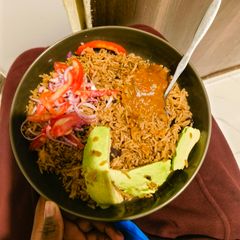 A picture of Pilau and Pilipili ya Kukaanga.