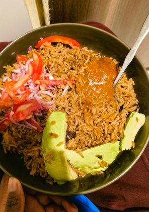 A picture of Pilau and Pilipili ya Kukaanga.