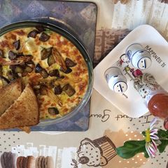 Baked cheese three layered veggies pasta with pumpkin sauce A picture of Baked cheese three layered veggies pasta with pumpkin sauce.