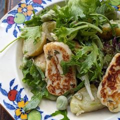 A picture of Broad bean, halloumi + new potato salad.