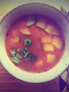 A picture of Veggie soup for family and friends .