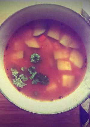 A picture of Veggie soup for family and friends .