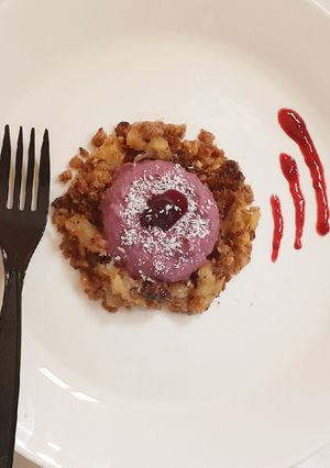 A picture of Coconut berry pudding with Apple crumble Vegan.
