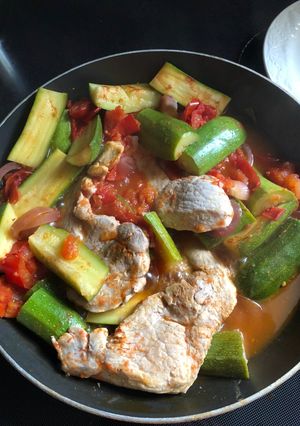 Una foto de Carne de puerco con calabazas