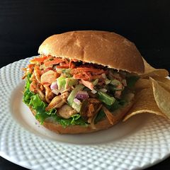 A picture of Jackfruit Burgers with Zucchini-Carrot Slaw.