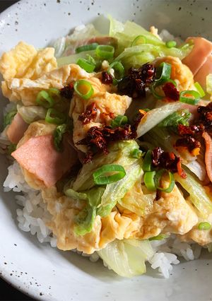 A picture of Stir-fried Ham, Egg & Lettuce Rice Bowl.