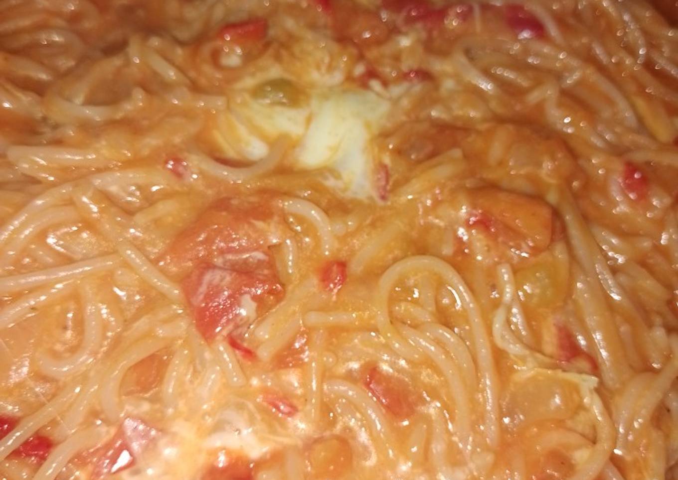 Fideos spaghetti cocción rápida(todo en uno) 🍝🍅🧄🫑🧀