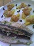 Espetón al grill con nectarina, ajo negro y vinagreta de frutas y hortalizas