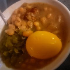 A picture of White Bean Soup w/ Pork Jowl, Chow-Chow and Jalapeño Pickled Egg.