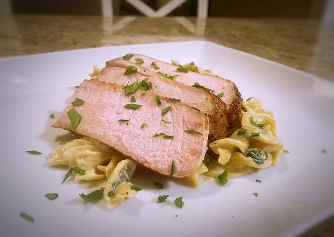Step-by-Step Guide to Make Ultimate Pork chops with lemon garlic and spinach cream pasta