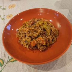 A picture of Sautéed Mince Beef with Rice And Vegetables.