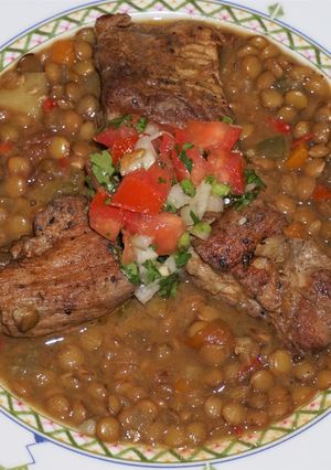 A picture of Cajun Pork Ribs and Lentils.