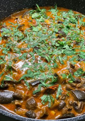 A picture of Eggplant Curry with Mushrooms, Tomatoes, and Coconut Milk.