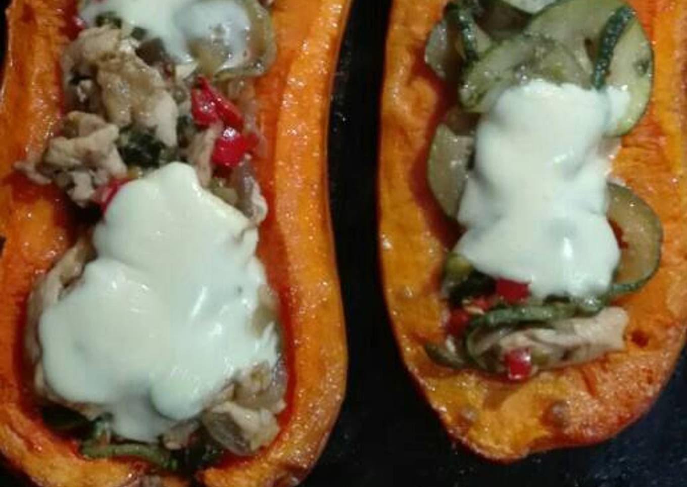 Calabaza con pollo y verduras al wok