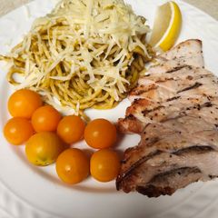 A picture of Brad's grilled chicken with green tomato spaghetti.