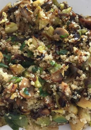 A picture of Quinoa with brussel's sprouts & mushrooms.
