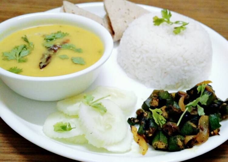 Recipe of Super Quick Healthy dal, chawal,bhindi fry,roti and salad